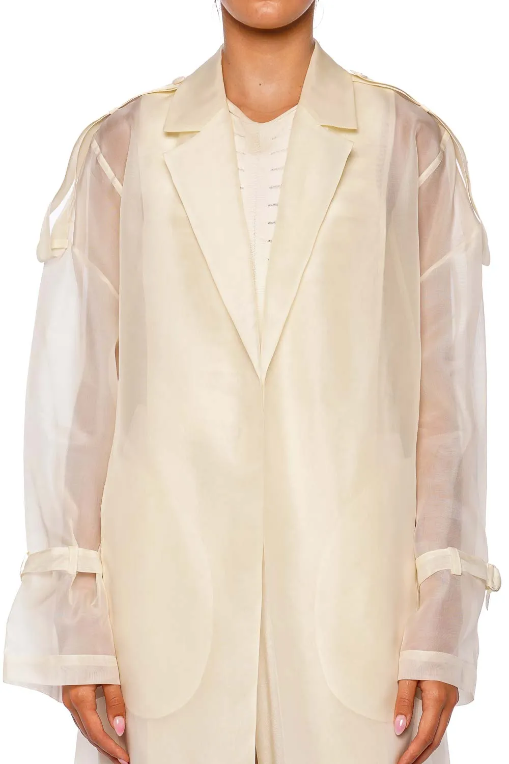 Cream Silk Organza Belted Trench Coat