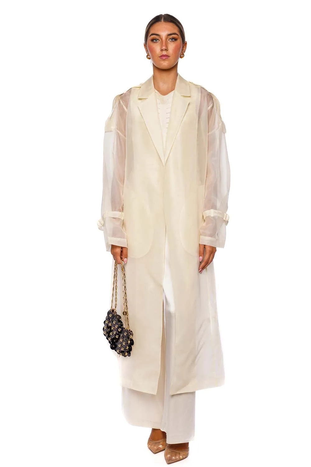 Cream Silk Organza Belted Trench Coat