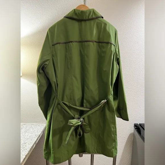 Dennis by Dennis Basso Green Trench Coat Snakeskin Print Trim Belted Size 1X