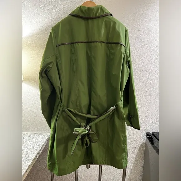 Dennis by Dennis Basso Green Trench Coat Snakeskin Print Trim Belted Size 1X