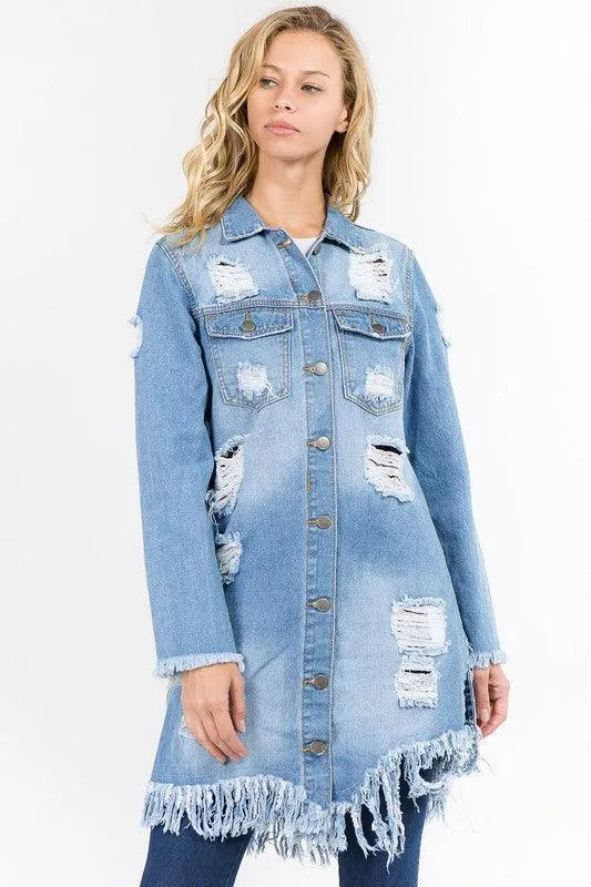 DISTRESSED LONG LENGTH DENIM JACKET
