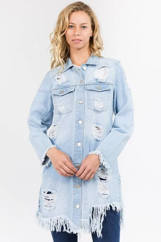DISTRESSED LONG LENGTH DENIM JACKET
