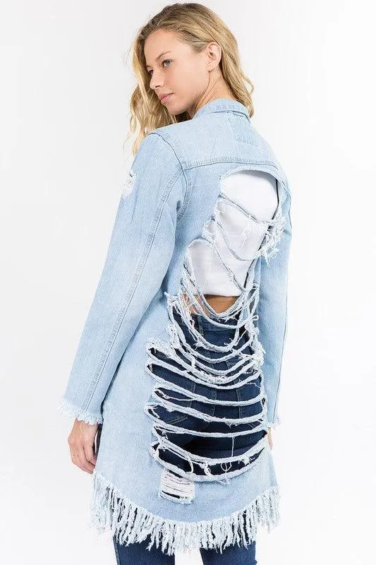 DISTRESSED LONG LENGTH DENIM JACKET
