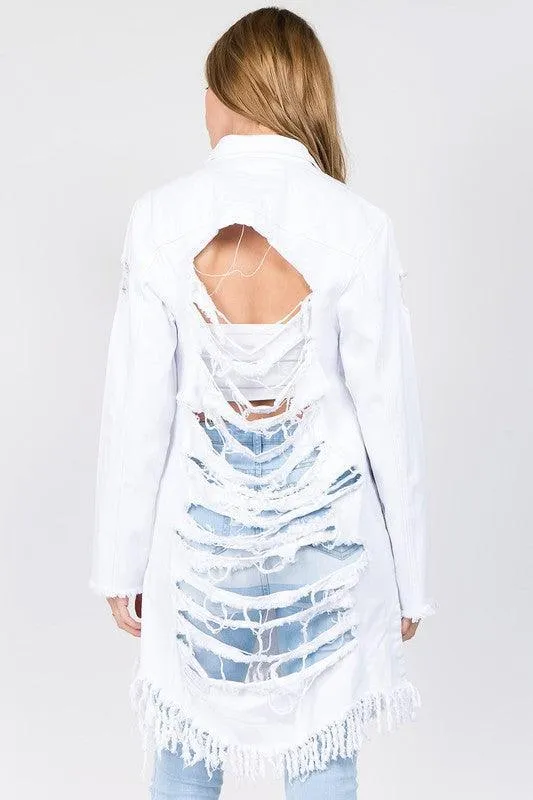 DISTRESSED LONG LENGTH DENIM JACKET