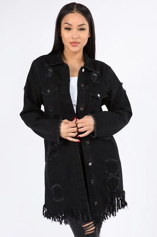 DISTRESSED LONG LENGTH DENIM JACKET