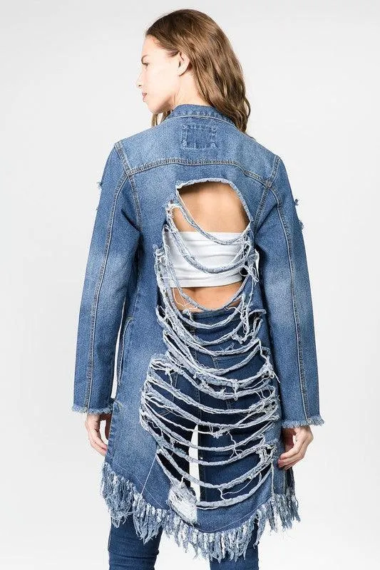 DISTRESSED LONG LENGTH DENIM JACKET