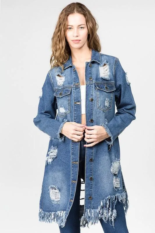 DISTRESSED LONG LENGTH DENIM JACKET