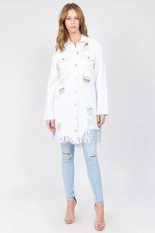 DISTRESSED LONG LENGTH DENIM JACKET