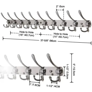 Dseap Wall Mounted Coat Rack - 10 Tri Hooks, 37-5/8” Long, 16” Hole to Hole - Heavy Duty Stainless Steel Coat Hook for Coat Hat Towel Robes Mudroom Bathroom Entryway (Chromed, 2 Packs)