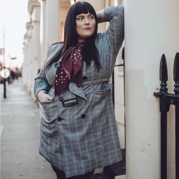 Eloquii Grey Plaid Belted Trench Coat Dress