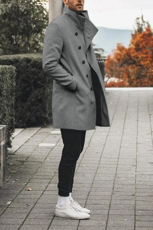 Fashion slim mid-length stand collar woolen trench coat