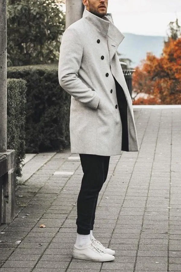 Fashion slim mid-length stand collar woolen trench coat