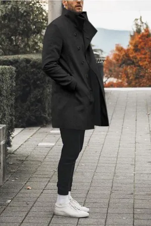 Fashion slim mid-length stand collar woolen trench coat