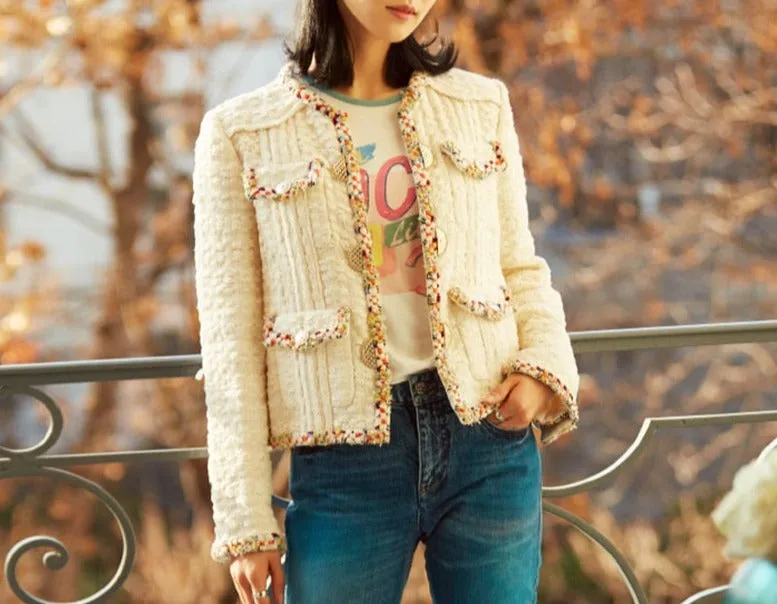 High Quality Crop Tweed Jacket Runway Women Coats and Jackets  Elegant Single Breasted Beige Office Ladies Jacket Crop Coat