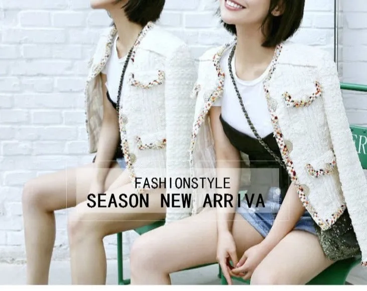 High Quality Crop Tweed Jacket Runway Women Coats and Jackets  Elegant Single Breasted Beige Office Ladies Jacket Crop Coat