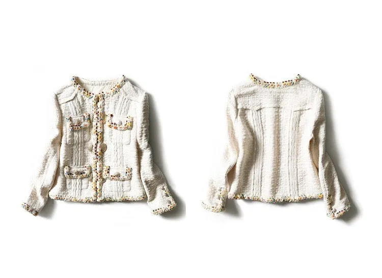 High Quality Crop Tweed Jacket Runway Women Coats and Jackets  Elegant Single Breasted Beige Office Ladies Jacket Crop Coat