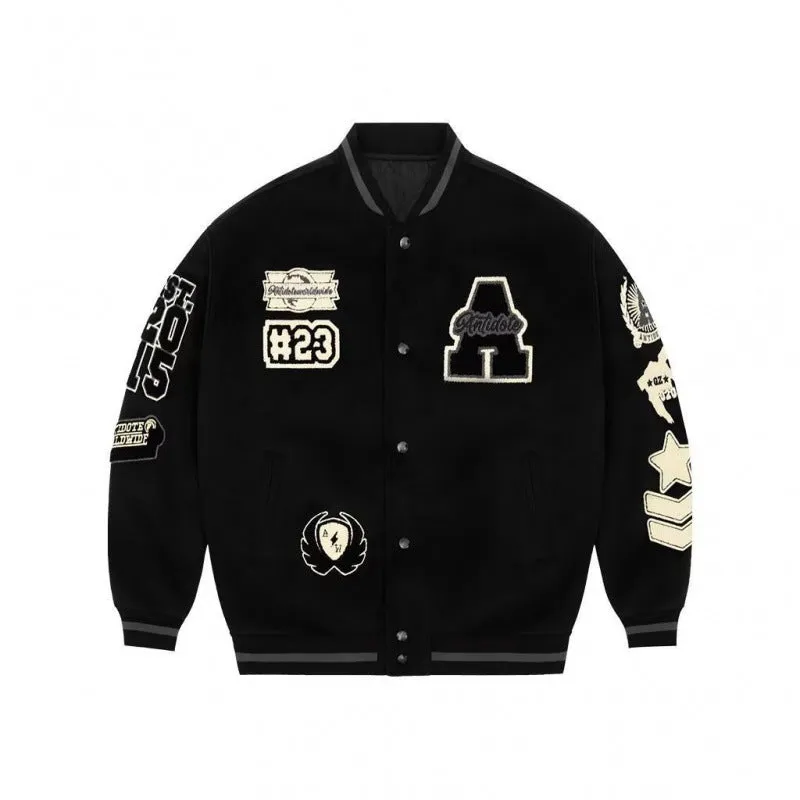INSTOCK - Cross-border black embroidered woolen baseball jacket
