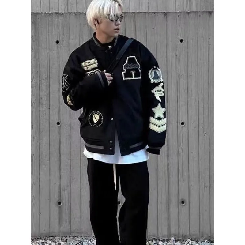 INSTOCK - Cross-border black embroidered woolen baseball jacket