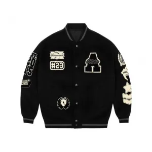 INSTOCK - Cross-border black embroidered woolen baseball jacket
