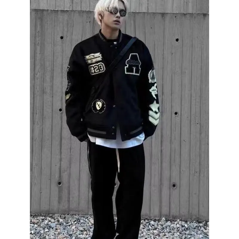 INSTOCK - Cross-border black embroidered woolen baseball jacket