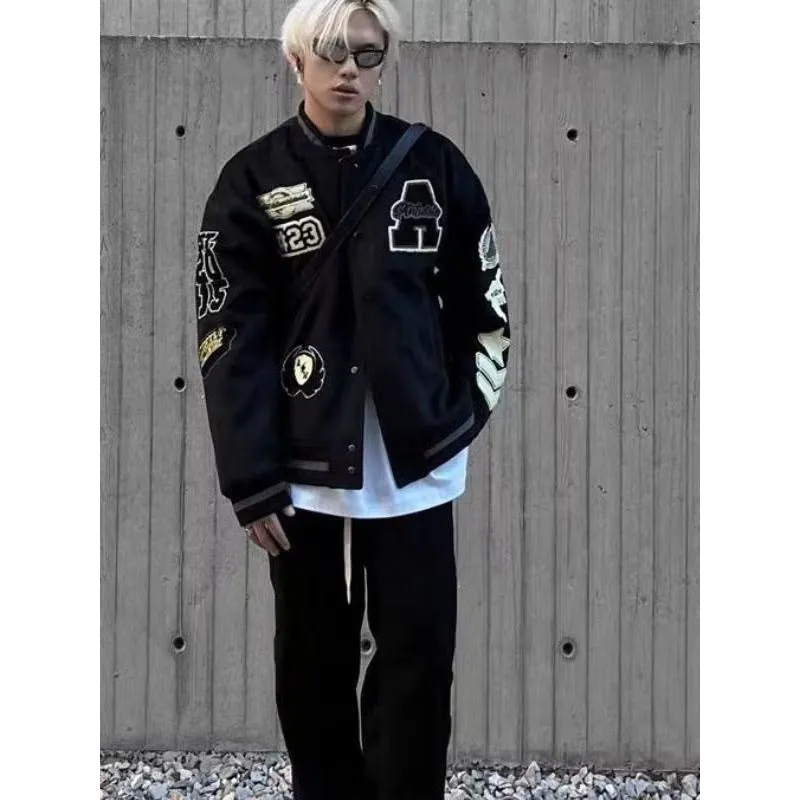INSTOCK - Cross-border black embroidered woolen baseball jacket