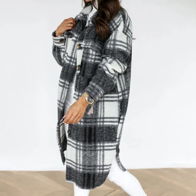 Jacket Casual Oversized Turn Down Collar Long Coat Female Woolen Blends Overcoat