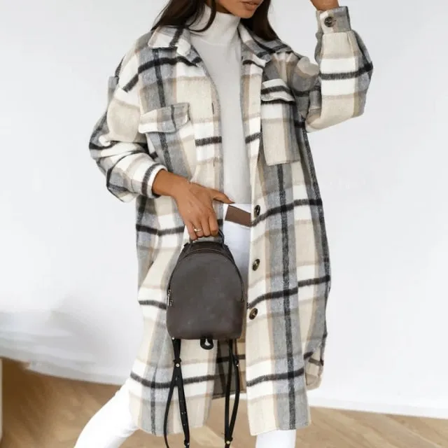Jacket Casual Oversized Turn Down Collar Long Coat Female Woolen Blends Overcoat