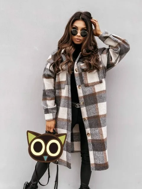 Jacket Casual Oversized Turn Down Collar Long Coat Female Woolen Blends Overcoat