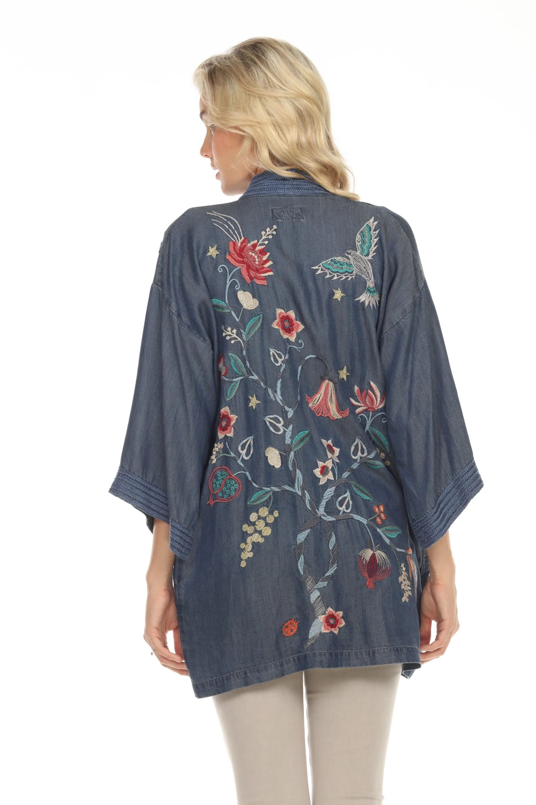 Johnny Was Workshop Viola Embroidered Denim Kimono Boho Chic W47522 NEW
