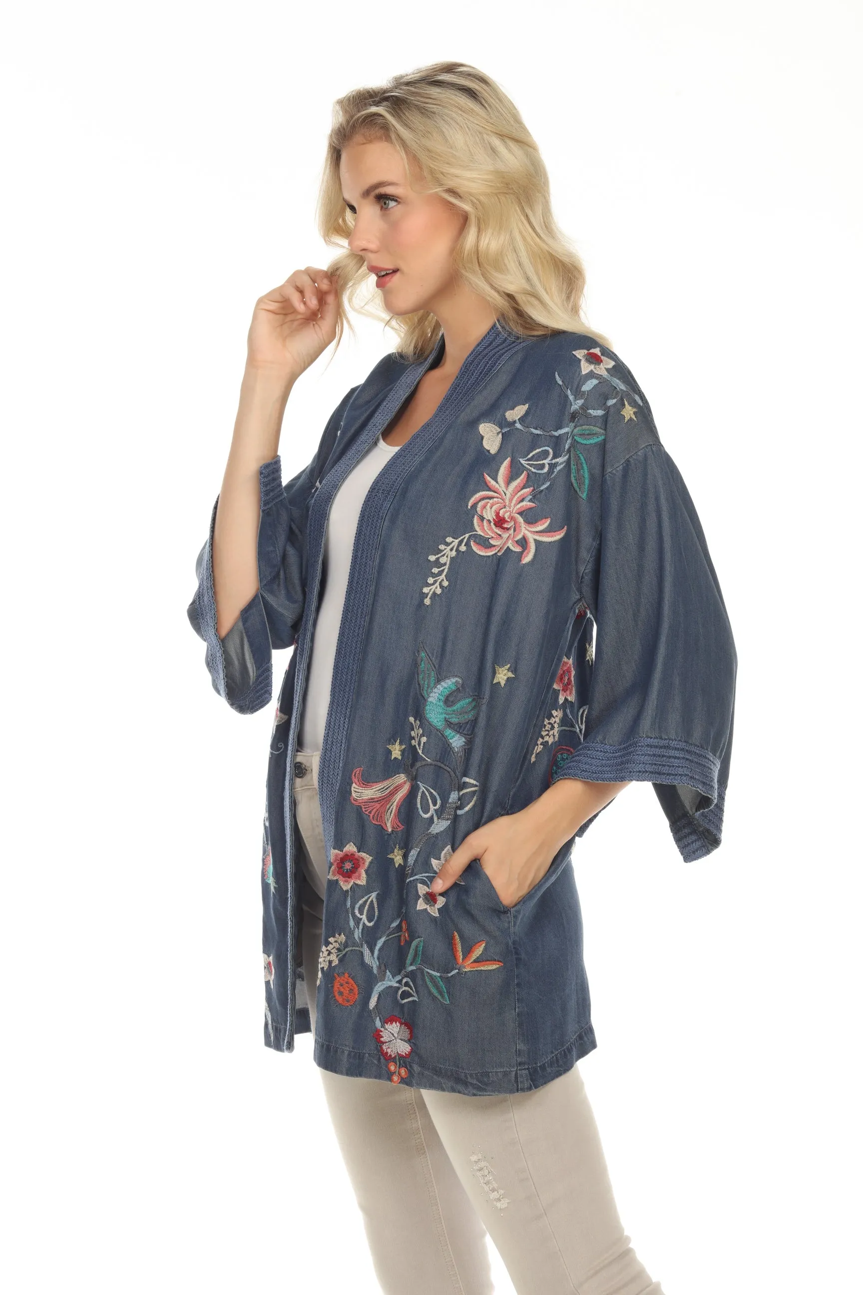 Johnny Was Workshop Viola Embroidered Denim Kimono Boho Chic W47522 NEW