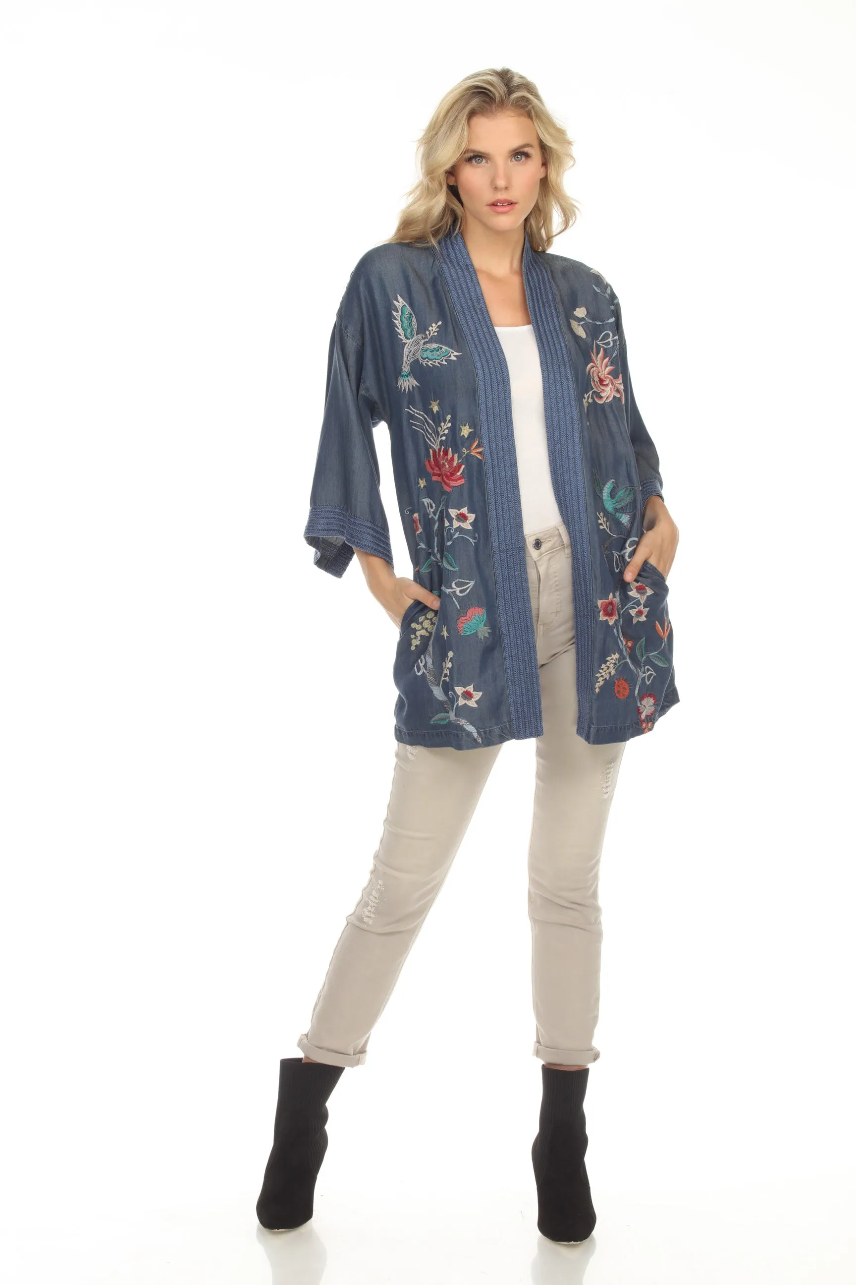 Johnny Was Workshop Viola Embroidered Denim Kimono Boho Chic W47522 NEW