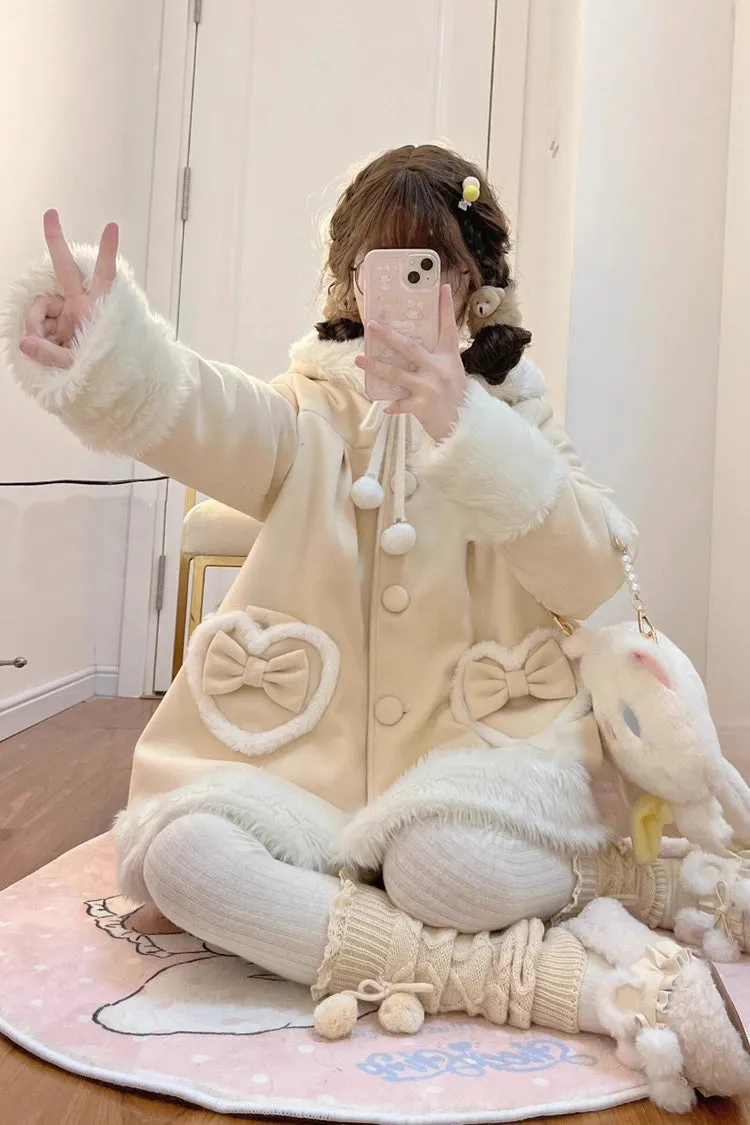 Light Yellow Woolen Rabbit Ears Single-breasted Bowknot Sweet Princess Lolita Coat