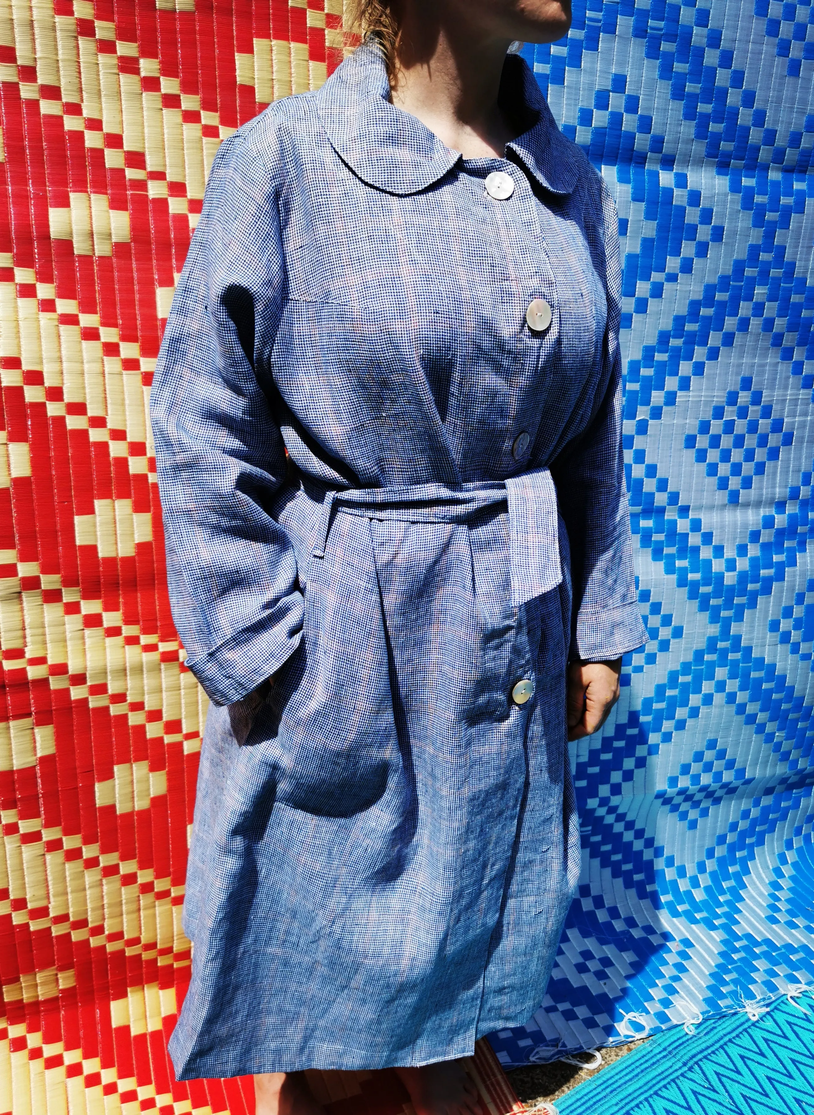 Linen check Trench coat