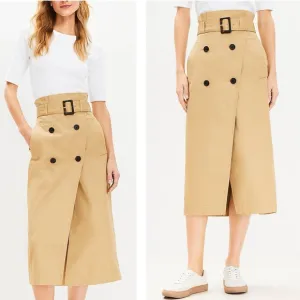 Loft NEW Khaki Trench Wrap Double Breasted Front Pocket Wrap Belted Skirt Sz 10
