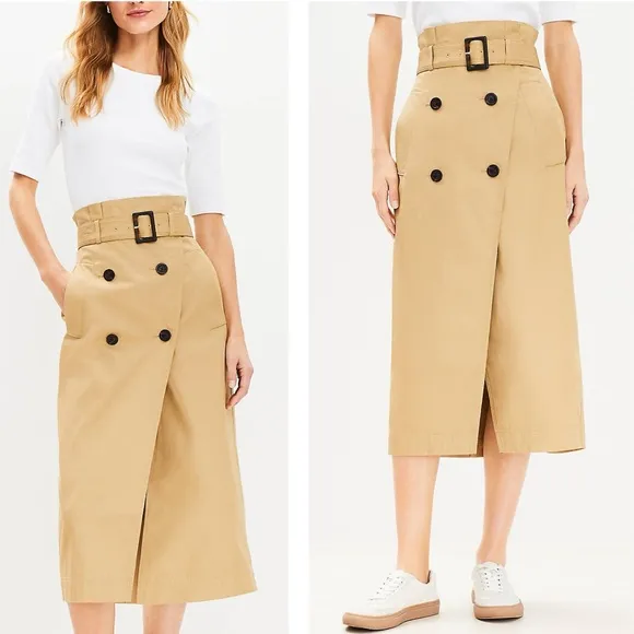 Loft NEW Khaki Trench Wrap Double Breasted Front Pocket Wrap Belted Skirt Sz 10