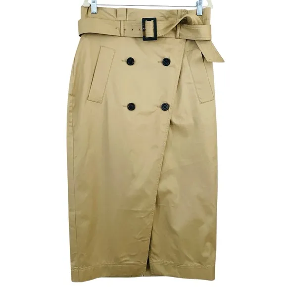 Loft NEW Khaki Trench Wrap Double Breasted Front Pocket Wrap Belted Skirt Sz 10