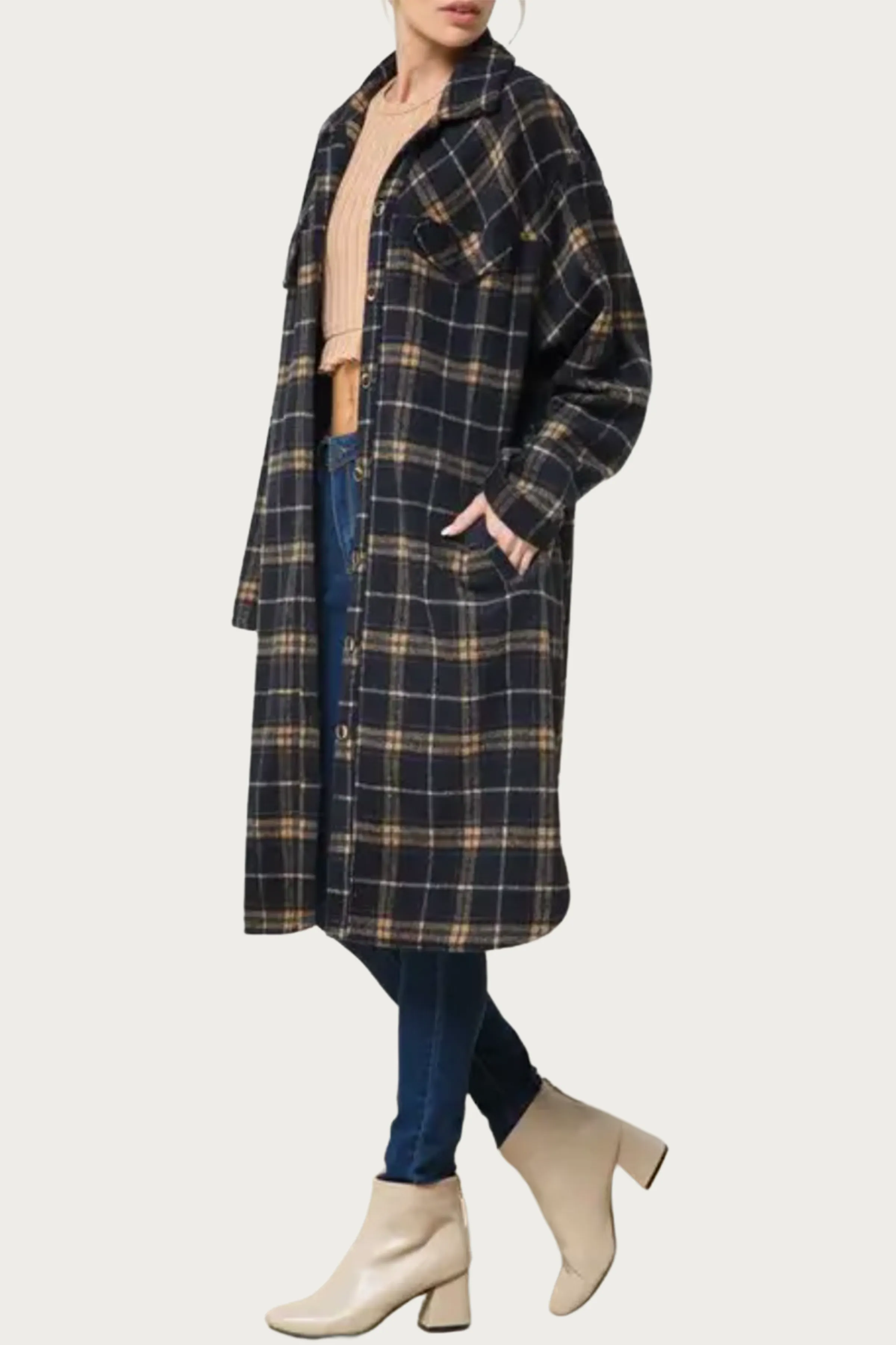 LONG CHECKED BRUSHED FLANNEL JACKET