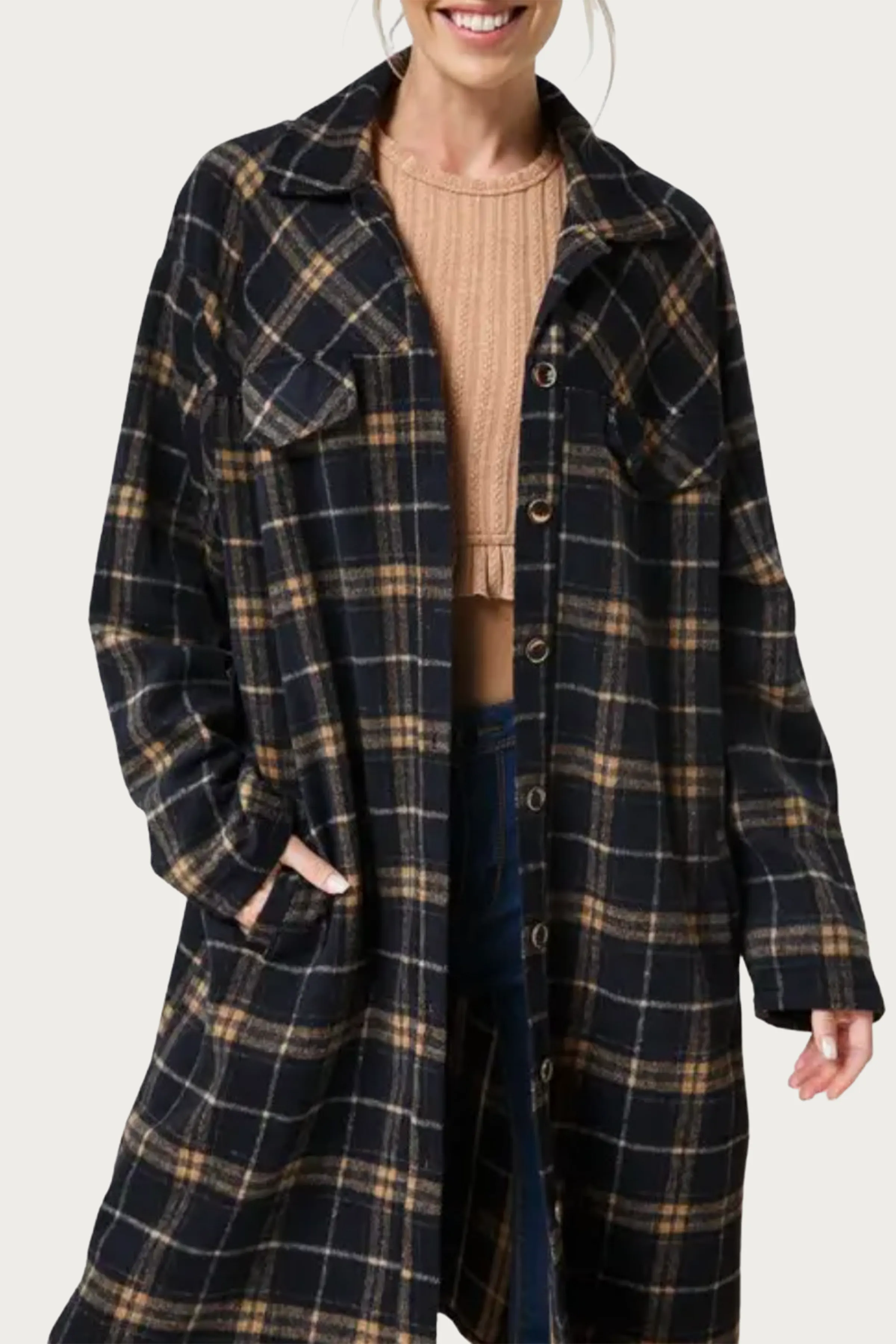 LONG CHECKED BRUSHED FLANNEL JACKET