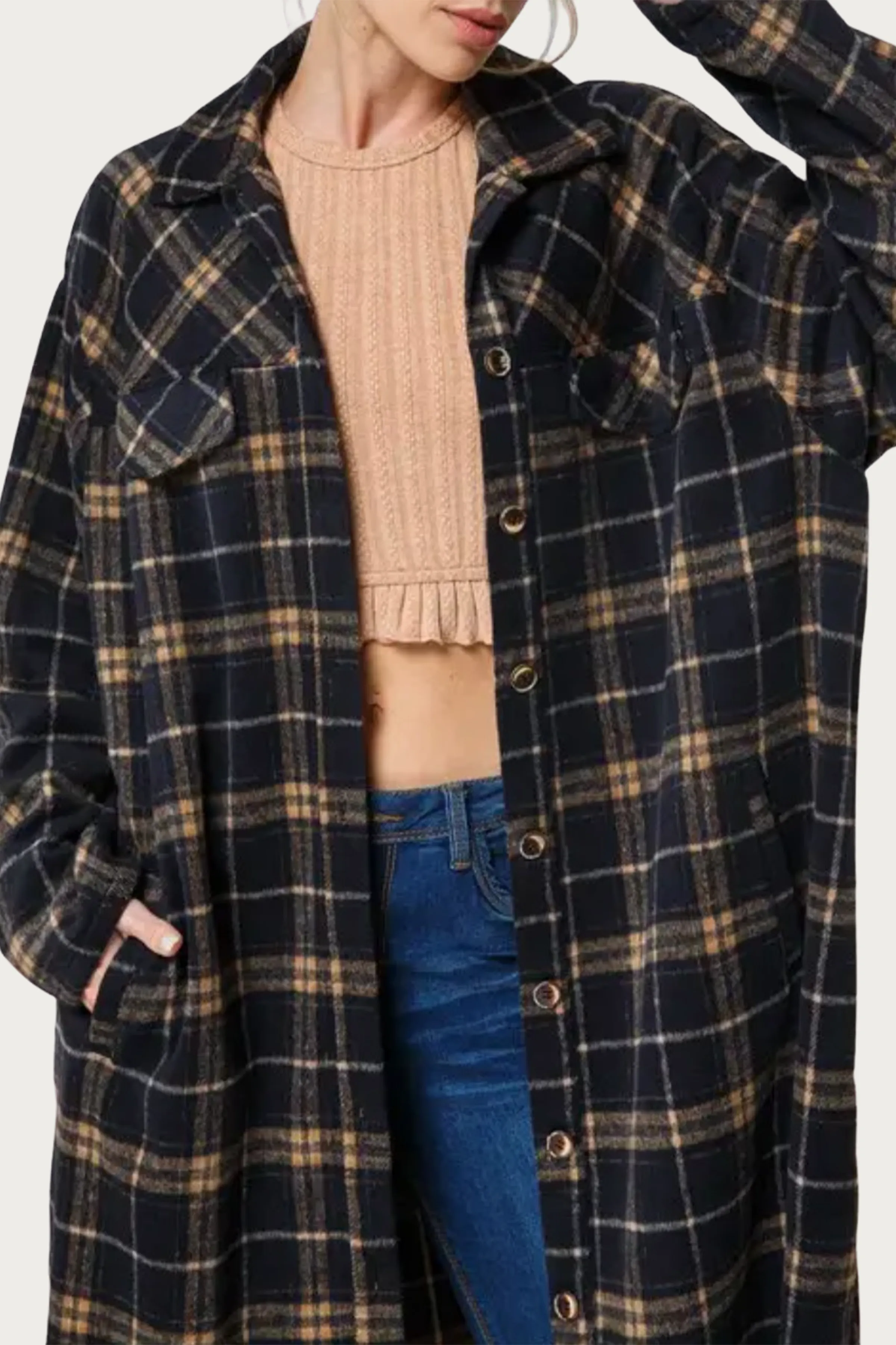 LONG CHECKED BRUSHED FLANNEL JACKET