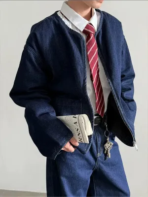Loose Fit Zipper Collarless Denim Jacket