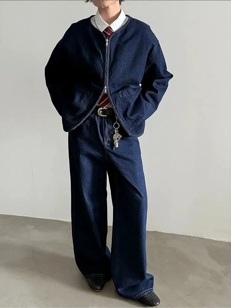 Loose Fit Zipper Collarless Denim Jacket