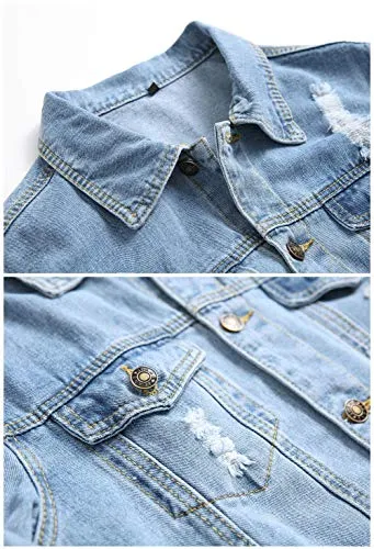 LZLER Jean Jacket for Men, Classic Ripped Slim Denim Jacket with Holes(Blue 1801, L)
