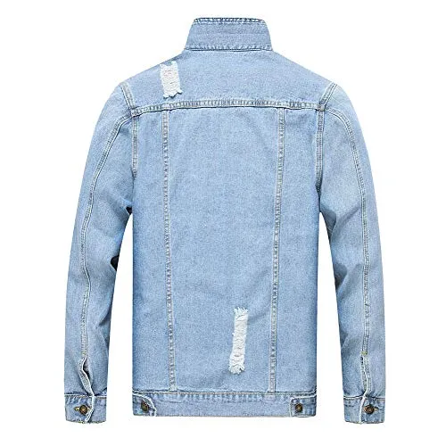 LZLER Jean Jacket for Men, Classic Ripped Slim Denim Jacket with Holes(Blue 1801, L)