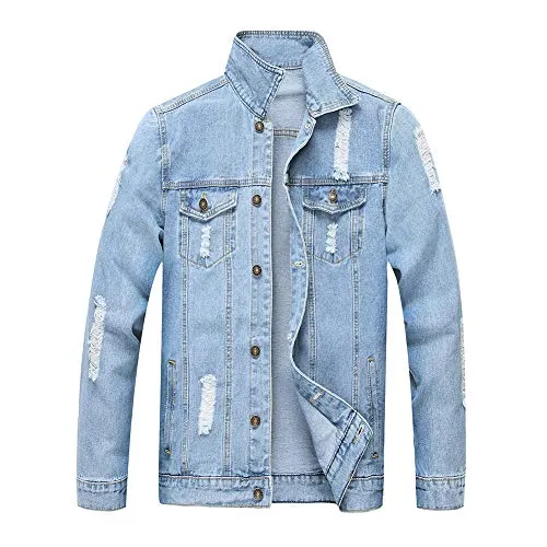 LZLER Jean Jacket for Men, Classic Ripped Slim Denim Jacket with Holes(Blue 1801, L)