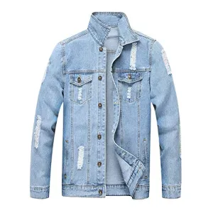LZLER Jean Jacket for Men, Classic Ripped Slim Denim Jacket with Holes(Blue 1801, L)