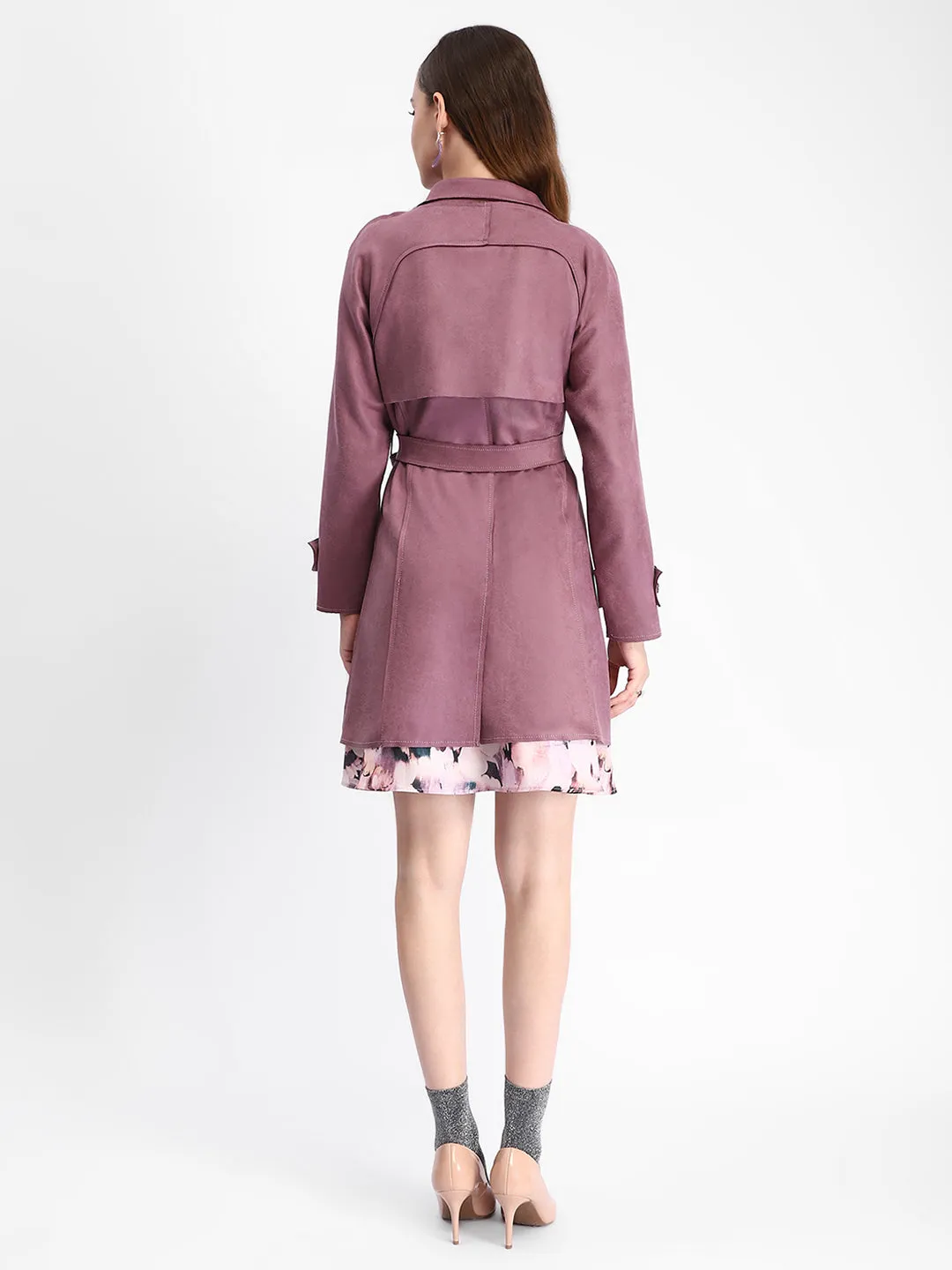 Madame Belted Raw Edge Detailed Solid Mauve Full Sleeve Shrug