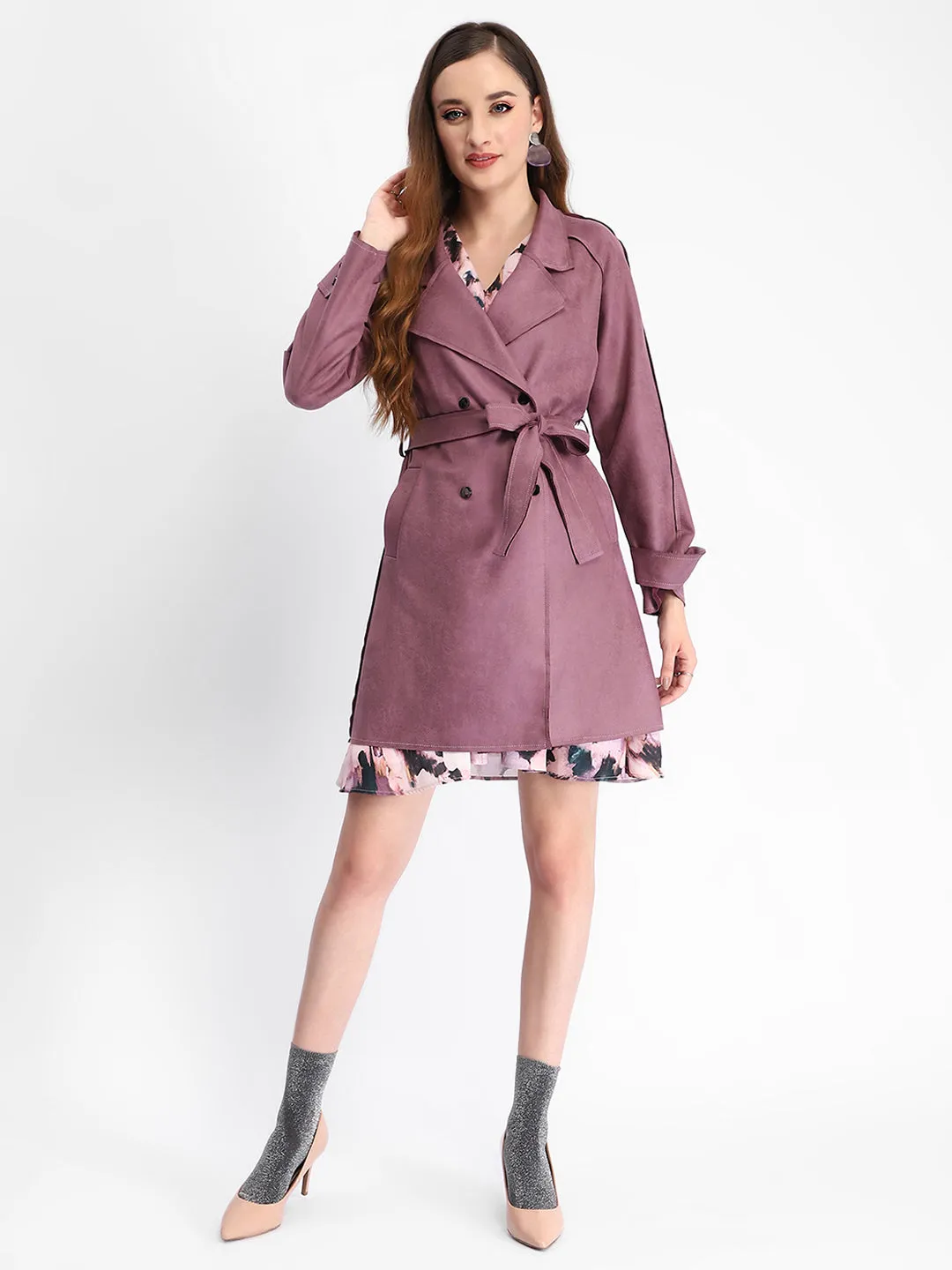 Madame Belted Raw Edge Detailed Solid Mauve Full Sleeve Shrug