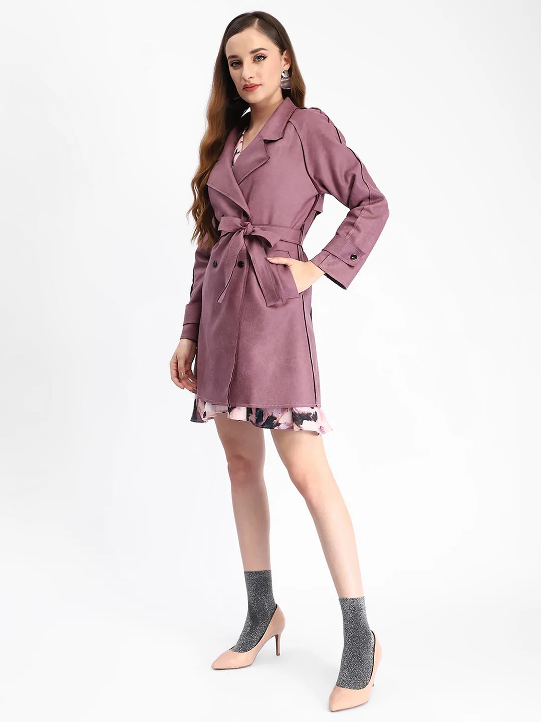 Madame Belted Raw Edge Detailed Solid Mauve Full Sleeve Shrug