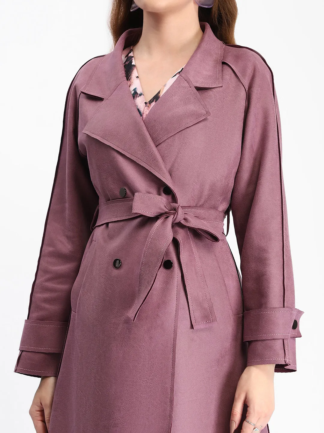 Madame Belted Raw Edge Detailed Solid Mauve Full Sleeve Shrug