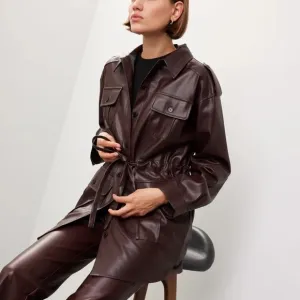 MARISSA WEBB $425 pleather trench coat jacket shacket in burgundy / brown small